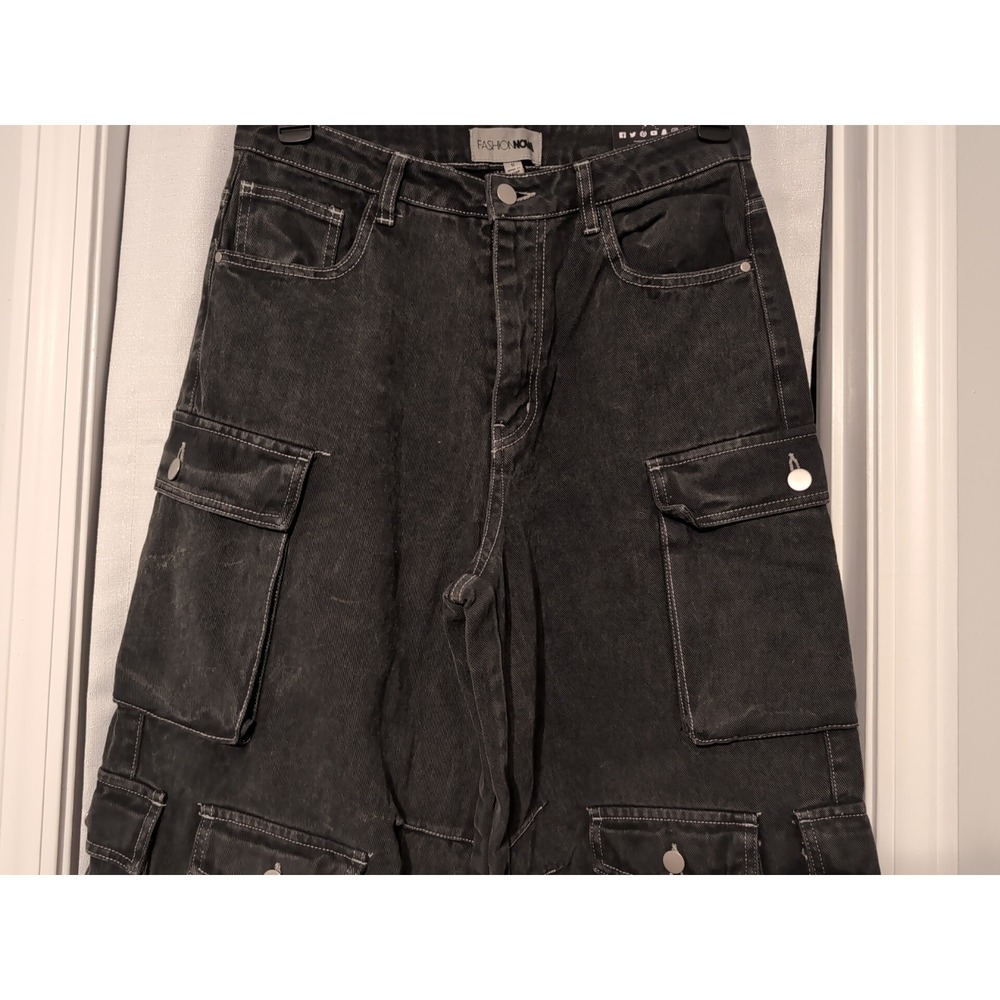 NWT Fashion Nova Cargo Jeans Women Black Wide Leg Goth Grunge Skate Y2K Size-11 - Picture 3 of 14